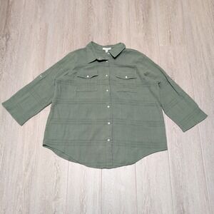 Woman Within 1X 22/24 Olive Green Cotton Gauze Pearl Snap Shirt 3/4 Roll Sleeve